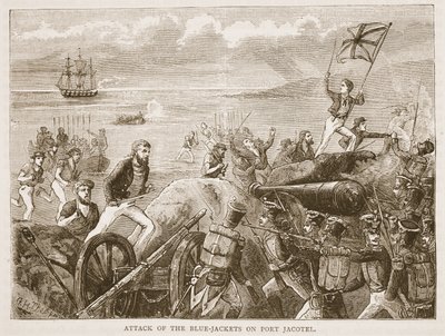 Attacco dei Blue-jackets a Port Jacotel, illustrazione da Cassells Illustrated History of India di James Grant, pub. 1879 da English School
