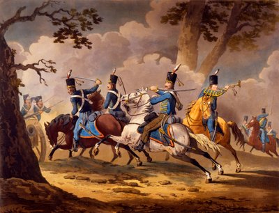 Fanteria austriaca che difende la propria artiglieria dagli ussari prussiani, dalla serie Azioni di cavalleria degli alleati durante le campagne napoleoniche pubblicata 1799-1802 da English School