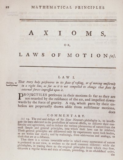 Axiomi, o Leggi del Moto, dal Volume I dei Principi Matematici della Filosofia Naturale di Sir Isaac Newton da English School