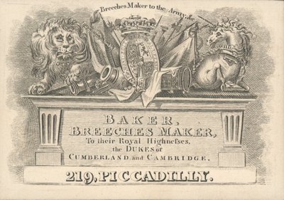 Baker, produttore di pantaloni, 219 Piccadilly, biglietto da visita da English School