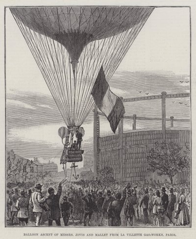 Ascesa in Mongolfiera dei Signori Jovis e Mallet dai Gasometri di La Villette, Parigi (incisione) da English School