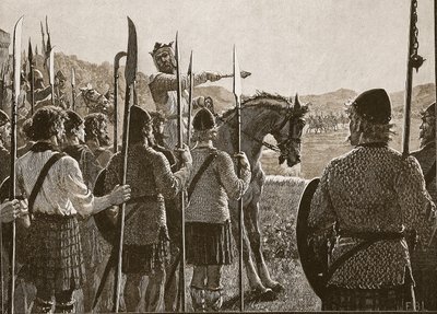 Bannockburn: Bruce che rivede le sue truppe prima della battaglia, illustrazione da Cassells Illustrated History of England da English School