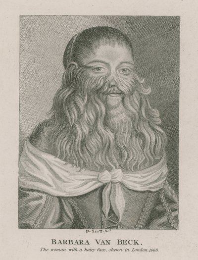 Barbara Van Beck, la donna con la faccia pelosa, mostrata a Londra, 1668 da English School