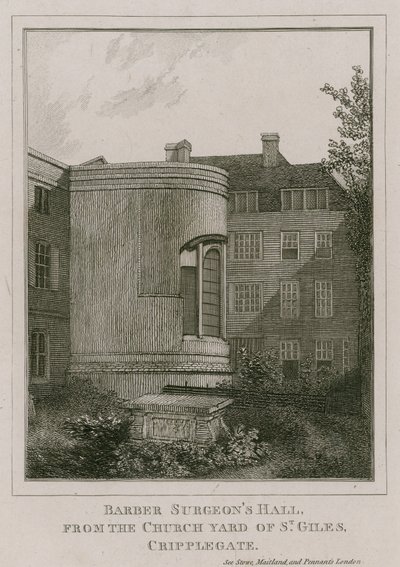 Barber Surgeons Hall, Monkwell Street, Londra, visto dal cimitero della chiesa di St Giles, Cripplegate da English School