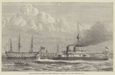 Navi da battaglia del 1800 e del 1875, la "Victory" e la "Devastation" di Nelson (incisione) da English School