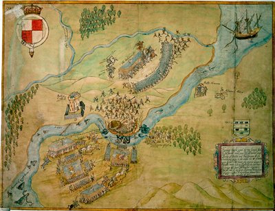 Battaglia di Erne Ford nel 1593 (penna e inchiostro con lavaggio su carta) da English School