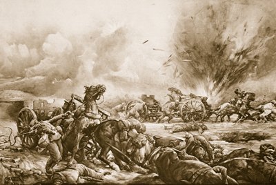 Batteria bavarese colpita dal fuoco britannico mentre si preparava a muoversi a sud della strada di Rapaume, 1914-19 da English School