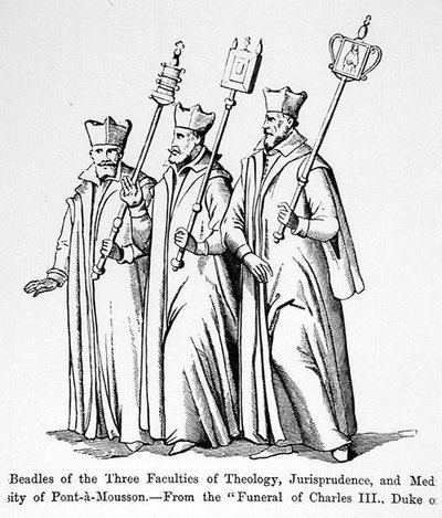 Bidelli delle tre facoltà di teologia, giurisprudenza e medicina, dal funerale di Carlo III, duca di Lorena, illustrazione da Scienza e Letteratura nel Medioevo e nel Rinascimento, scritta e incisa da Paul Lacroix da English School