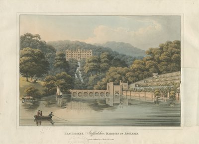 Beaudesert Hall e Parco: incisione ad acquatinta colorata, 1816 da English School