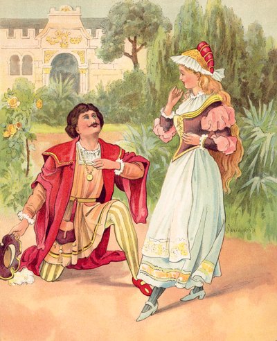 La Bella e la Bestia, qui trasformata in un bel principe (litografia a colori) da English School