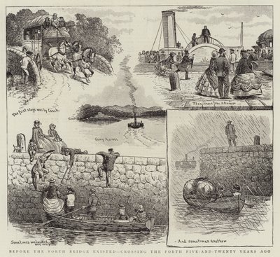 Prima che esistesse il ponte Forth, attraversando il Forth venticinque anni fa (incisione) da English School