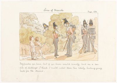 Chiedo scusa, vostro onore, ma se vostro onore potesse gentilmente prestarmi un paio di scellini penso che potrei arruolare quei due giovani promettenti per i tamburi, c.1850 (acquerello su carta) da English School