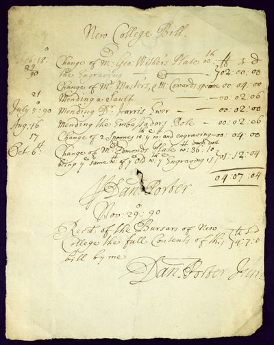 Fattura di Daniel Porter al New College, 1690 da English School