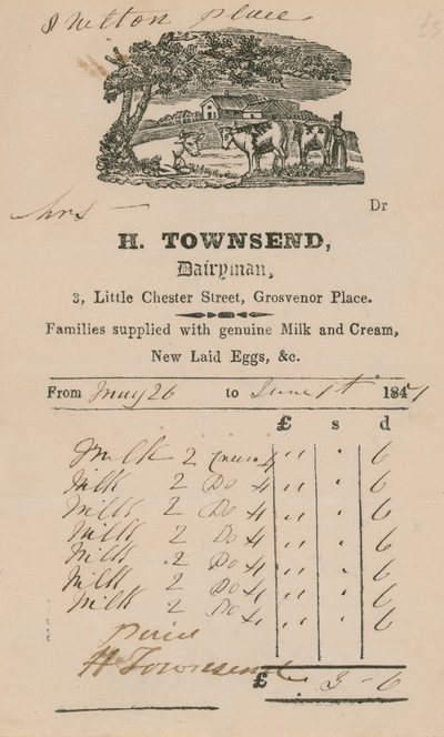 Fattura da H Townsend, lattaio da English School
