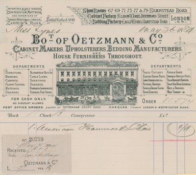 Fattura da Oetzmann & Co, fabbricanti di mobili, tappezzieri, produttori di letti e arredatori di case da English School