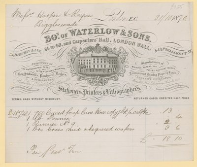 Fattura da Waterlow and Sons, 66-68 Carpenters Hall, London Wall, cartolai da English School