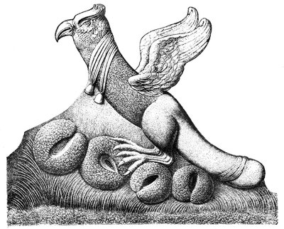 Uccello con ali spiegate e coda fallica seduto su quattro uova, scultura gallo-romana da Nîmes in Francia da English School