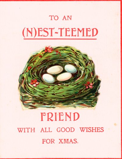 Nido di uccelli con uova, cartolina di Natale da English School