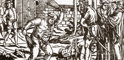 Il vescovo Bonner che picchia il suo prigioniero, John Willes, nel frutteto del suo palazzo a Fulham da English School