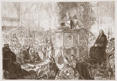 Il vescovo di Lodi predica al processo di Huss, illustrazione da La storia del protestantesimo di James Aitken Wylie (1808-1890), pub. 1878 da English School