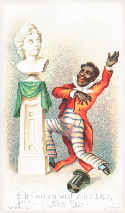 Uomo di colore che parla a un busto! Cartolina di Capodanno da English School