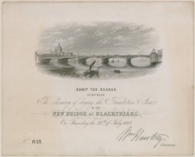 Blackfriars Bridge. Invito alla cerimonia per la posa della prima pietra, 20 luglio 1865 da English School