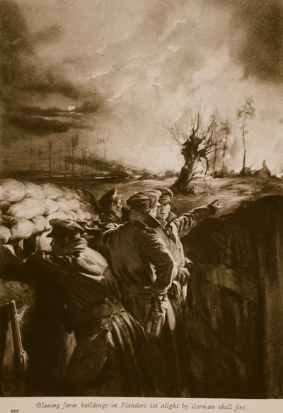 Edifici agricoli in fiamme nelle Fiandre incendiati dal fuoco delle granate tedesche, 1914-19 da English School