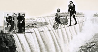Blondin (Francois Gravelet) attraversa una fune con una carriola sopra le Cascate del Niagara da English School