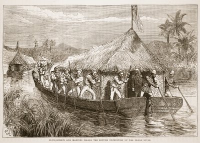 Marinai e Marines che Spingono la Spedizione Britannica sul Fiume Perak, illustrazione da Cassells Illustrated History of England da English School