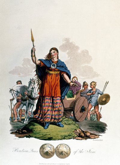 Boadicea, regina degli Iceni, disegnata da C.H.S., incisa da Richard Havell il Vecchio, pubblicata nel 1815 (acquatinta) da English School