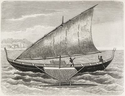 Barca delle Isole Mortlock, con bilanciere e vela di stuoia, da 