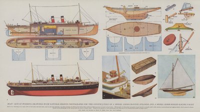 Imbarcazione, serie di disegni di lavoro con fotografie a colori naturali per la costruzione di un modello di nave da crociera e di un modello di yacht da regata a sloop (litografia a colori) da English School
