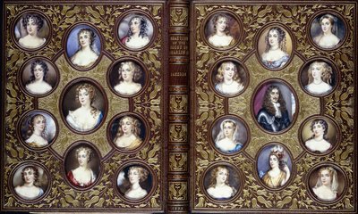 Copertina del libro con ventidue miniature di ritratti di Carlo II e le belle donne della sua corte, 1833 da English School