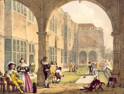 Bocce sulla terrazza a Bramshill nel 1600, da Architettura del Medioevo di Joseph Nash, pubblicato nel 1838 da English School
