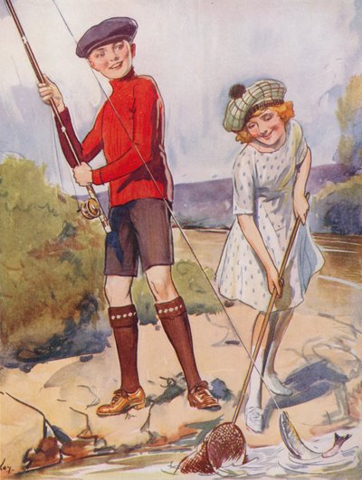 Ragazzo e ragazza che catturano un pesce (litografia a colori) da English School