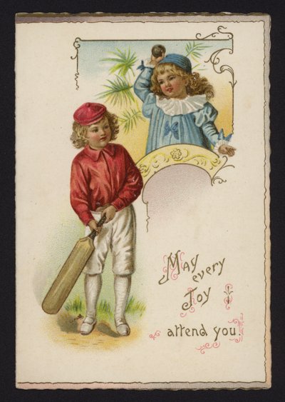 Ragazzo e ragazza che giocano a cricket, cartolina di auguri, fine XIX o inizio XX secolo da English School