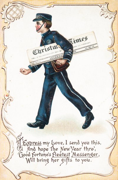 Ragazzo che consegna il giornale Christmas Times, cartolina di Natale da English School