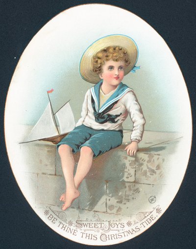 Ragazzo in abito da marinaio con yacht giocattolo da English School