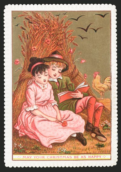 Ragazzo che legge un libro alla ragazza nel campo da English School