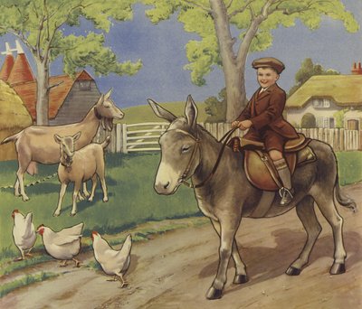 Ragazzo che cavalca un asino nella campagna inglese da English School