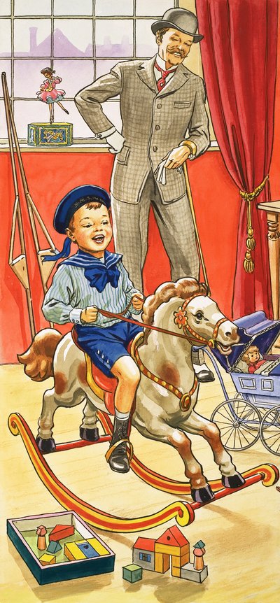 Ragazzo che cavalca un cavallo a dondolo da English School