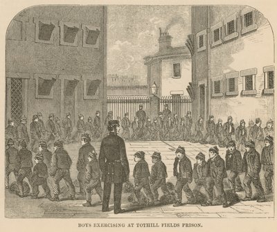 Ragazzi che fanno esercizio alla prigione di Tothill Fields da English School