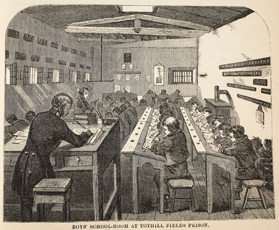 Aula scolastica per ragazzi alla prigione di Tothill Fields, illustrazione da Le Prigioni Criminali di Londra e Scene dalla Vita Carceraria di Henry Mayhew e John Binny, pub. 1862 da English School