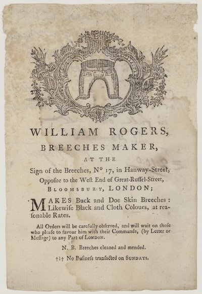 Fabbricanti di pantaloni, William Rogers, biglietto da visita da English School