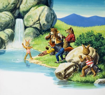 Brer Rabbit che nuota (gouache su carta) da English School