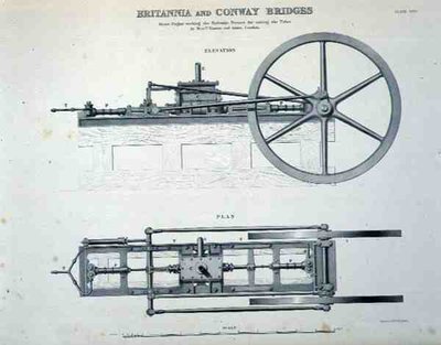 Ponti Britannia e Conway: Motore a vapore che lavora le presse idrauliche per sollevare i tubi, di Messrs Easton e Amos di Londra da English School