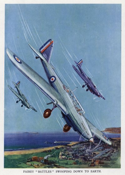 Bombardieri leggeri britannici Fairey Battle in picchiata verso il suolo da English School
