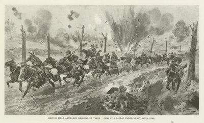 Artiglieria da campo britannica porta i loro cannoni al galoppo sotto pesante fuoco di artiglieria, Prima Guerra Mondiale da English School