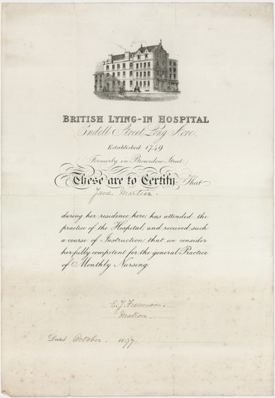 Ospedale Britannico per Partorienti. Certificato di infermieristica da English School