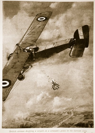 Aviatore britannico che lascia cadere una corona sulla tomba di un compagno nelle linee tedesche, 1914-19 da English School